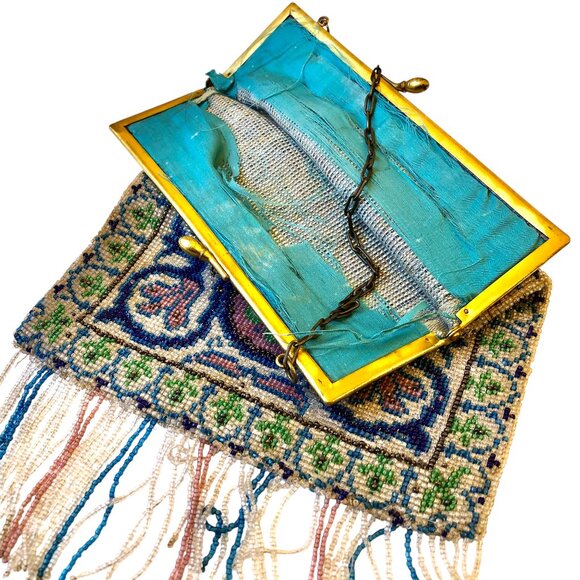 Vintage Beaded Fringed Purse Handbag Kiss Lock Hinged Chain Strap DAMAGED - Picture 10 of 15